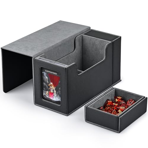 ZLCA Card Deck Box with Display Window,MTG Commander Deck Box Fits 200 Double-Sleeved Cards with Dice Tray & 35pt Magnetic Card Holder-Black&Grey - Black Grey
