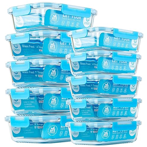 C CREST Glass Meal Prep Containers, [10 Pack] Glass Food Storage Containers with Lids, Airtight Glass Bento Boxes, BPA Free & Leak Proof (10 Lids & 10 Containers) - Blue