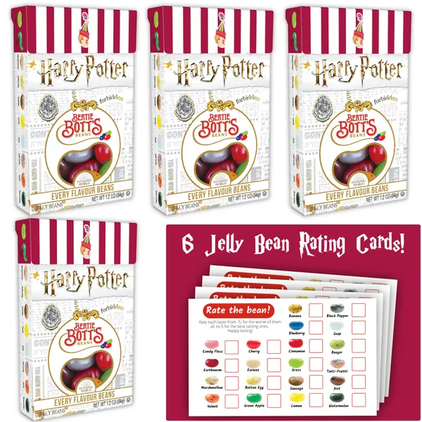 Jelly Belly Harry Potter Jelly Beans - Harry Potter Candy - 1.2 oz. Bertie Botts Every Flavored Beans (4 ct) + Gaudum Bertie Bott’s Jelly Bean rating cards (6 ct)
