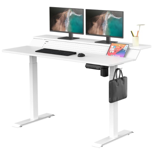 FENGE 2 Tiers Electric Standing Desk with Monitor Riser Shelf, 55 Inch Height Adjustable Stand Up Desk with USB Charging Ports, 3 Memory Presets,White - 55'' White