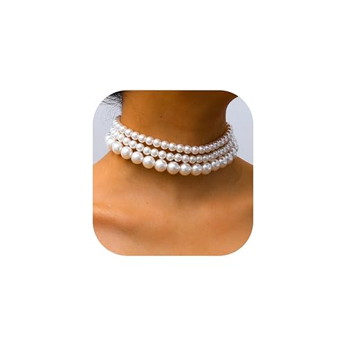 Boho Pearl Choker Necklaces for Women Faux Round Pearl Layered Necklace Fashion Chunky Thick Pearl Clavicle Necklace Wedding Bride Jewelry Gifts - Style A