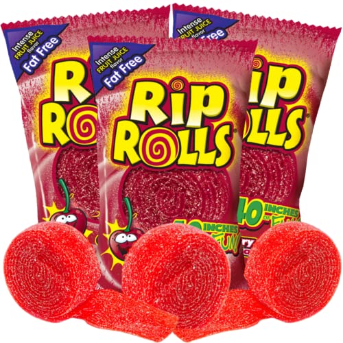 Rip Rolls Sour Candy Rolls, Cherry Fruit Flavor Fat Free Licorice Belt Candies, Individually Wrapped Shareable Snacks for Boys or Girls, Pack of 3