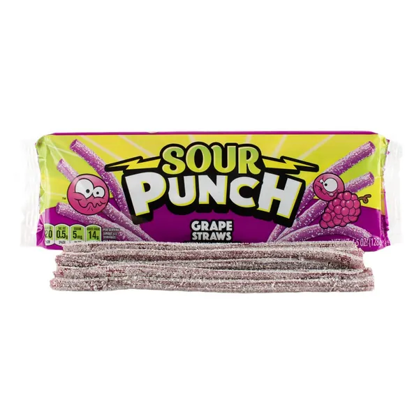 Sour Punch Straws, Sweet & Sour Grape Fruit Flavor, Chewy Candy, 4.5oz Tray (6 Pack) - 