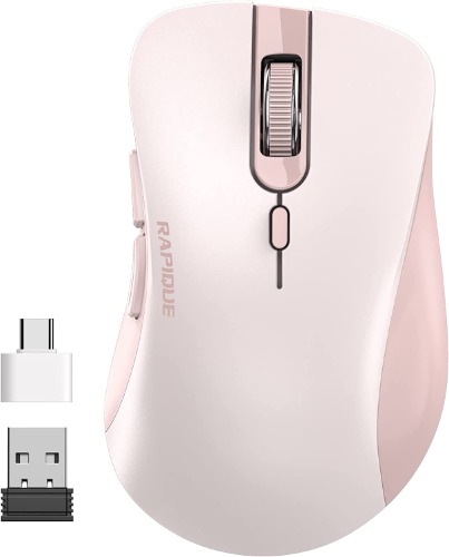 RAPIQUE Wireless Mouse, 2.4G Silent Computer Mice with USB Receiver & Type-C Adapter, Portable Mobile Optical Cordless Mouse for Laptop, PC, Desktop, MacBook, 3 DPI Adjustment Levels (Pink) - Pink