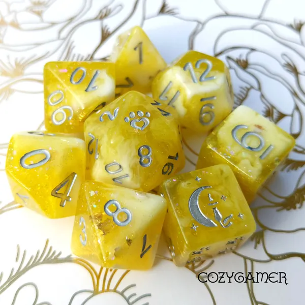 Sunlight DnD 8pc Dice Set, Polyhedral dice, D&D dice, Dungeons and Dragons, Table Top Role Playing. Translucent Glitter Flake and Foil Dice