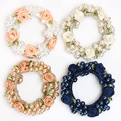 BENPIN Pearl Hair Ties Elastic (4Pcs), Pretty Fancy Hair Scrunchies Hair bands Ponytail Holder Cute Fashion Hair Accessories Ideal For Women Girls Kids (Type 1918) - Type 2023