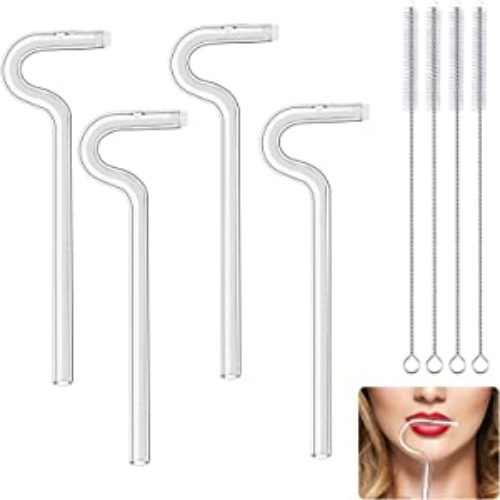 Anti Wrinkle Straw Set of 4, Reusable Glass Drinking Straw Flute Style Design, Curved No Wrinkle Straws Prevent Wrinkles Sideways Straw For Engaging Lips Horizontally, Reusable Drinking Straws.