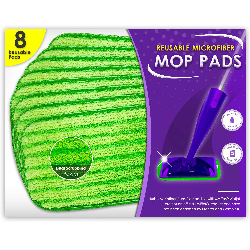 Turbo Mops Reusable Floor Mop Pads - Pack of 8 Machine Washable, 12-inch Microfiber Mop Refills - Swiffer Wet Jet Pads Alternative Compatible w/Swiffer - Household Cleaning Tools - 8