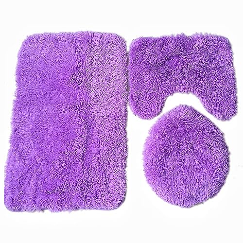 Soft Bathroom Carpet 3 Piece Bathroom Rugs and Mats Sets Non-Slip Mat Set Toilet Mat Set Bath Mats Set 3 Piece Set,with U-Shaped Toilet Floor Mat Non Slip Rugs andToilet Lid Cover Mat (Purple) - Purple