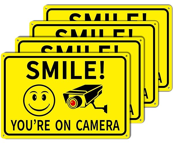 4-Pack Smile You're On Camera Signs 8"x12" Rust Free Aluminum Video Surveillance Signs Outdoor, Security Camera Sign with UV Printed - Smile Your On Camera Signs for Home, Business, Yard and CCTV - 4 Packs