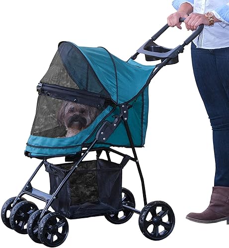 Pet Gear No-Zip Happy Trails Lite Pet Stroller for Cats/Dogs, Zipperless Entry, Easy Fold with Removable Liner, Safety Tether, Storage Basket + Cup Holder, 4 Colors New Juniper - NEW Juniper