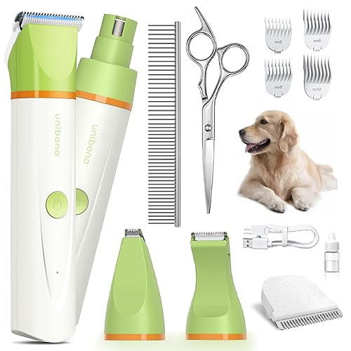 Dog Grooming Kit with Paw Trimmer, All-in-One Low Noise Electric Rechargeable Cordless Small Quiet Pet Clippers Foot Dog Hair Shaver with Stainless Steel Scissors and Comb for Dogs Cats at Home - Green