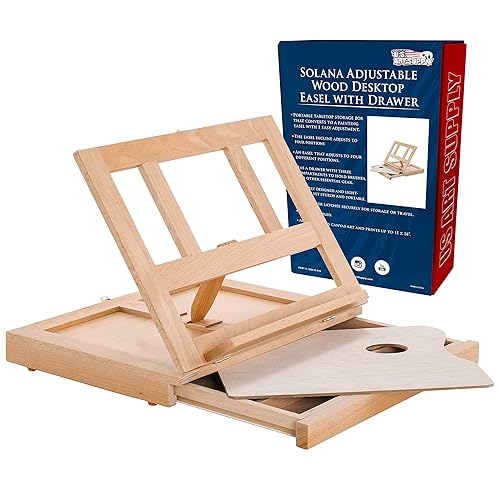 U.S. Art Supply Solana Adjustable Wood Desk Table Easel with Storage Drawer, Paint Palette, Premium Beechwood - Portable Wooden Artist Desktop, Board for Canvas, Painting, Drawing Sketching Book Stand - Standard Size
