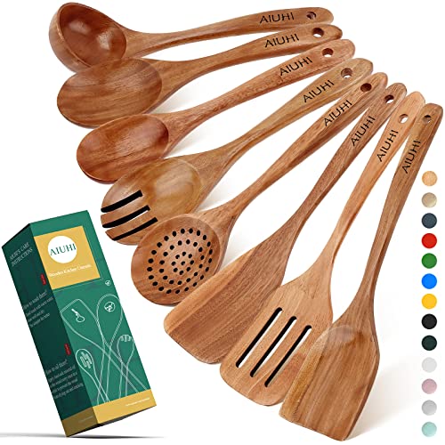 Wood Spoons for Cooking,Nonstick Kitchen Utensil Set,Wooden Spoons Cooking Utensil Set Non Scratch Natural Teak Wooden Utensils for Cooking(Teak 8 Pack) - Natural Wood