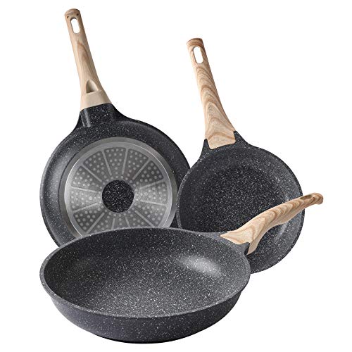 Motase Nonstick Frying Pan Skillets 3-Piece Set 8/9.5/11 inch, Granite Coating Omelette Pan, 100% PFOA free Cookware Pan, Non Stick Stone Frying Pan Skillets Set - 3 Pcs Set: 8"+9.5"+11"