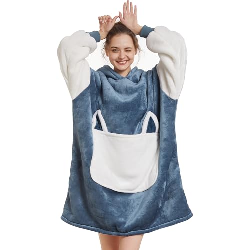 Aemilas Wearable Blanket Hoodie - Warm Sherpa Blanket Sweatshirt as Gifts For Adult Women Mom Men, One Size Fits All - B- Denim Blue & White/Sherpa - Adult