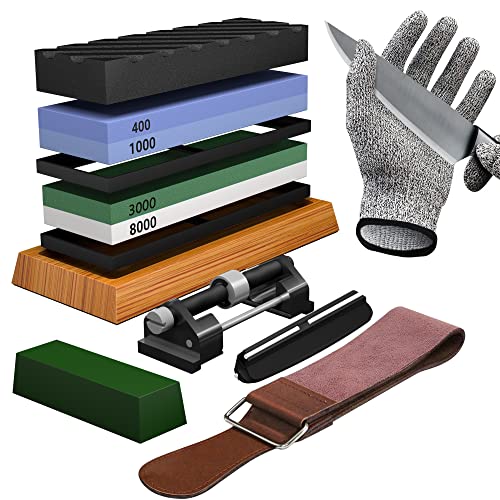 YeopAsda Knife Sharpening Stone Set - Premium 4 Side Grit 400/1000 3000/8000 Whetstone Sharpener Kit - Non-Slip Bamboo Base,Cut Resistant Gloves, Angle Guide,Flatting Stone,Honing Guide,Leather Strop - Green/White - Professional