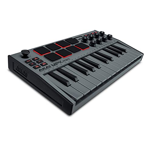 AKAI Professional MPK Mini MK3 – 25-Tasten USB MIDI Keyboard Controller, 8 hintergrundbeleuchtete Drum Pads, 8 Regler und Software, Farbe Grau - 25 Tasten - Grau - Single