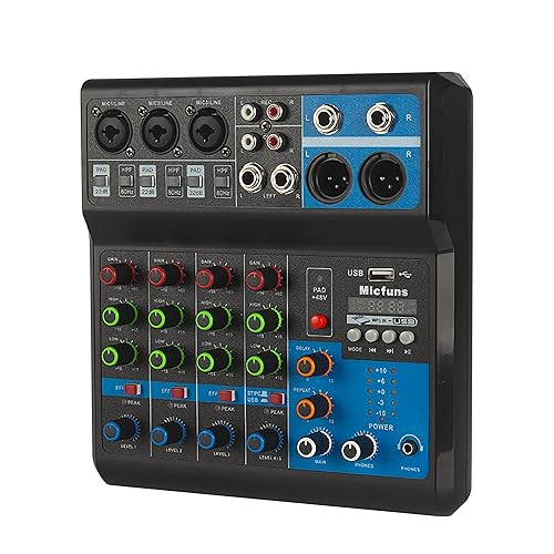 Mini-Audio-DJ-Mixer Soundboard-Konsolensystem, 5-Kanal-48-V-Phantomspeisung mit Bluetooth-USB-MP3-Stereo-Live-DJ-Studio-Streaming für professionelle Aufnahmepartys auf der KTV-Bühne