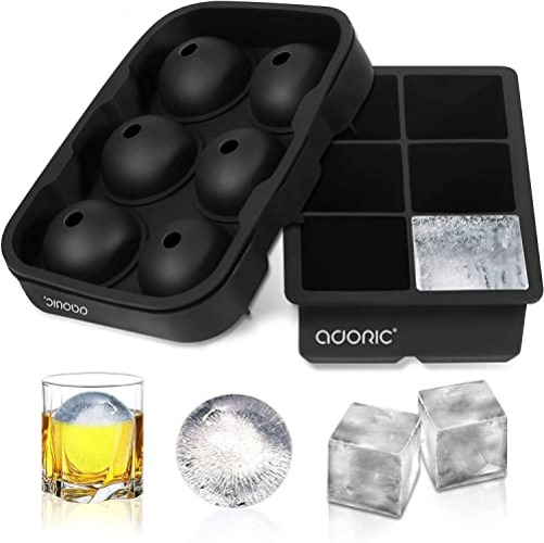 adoric Ice Cube Trays Silicone Set of 2, Sphere Ice Ball Maker with Lid and Large Square Ice Cube Molds for Whiskey, Reusable and BPA Free (Ice Cube Trays Silicone Set of 2) - Black