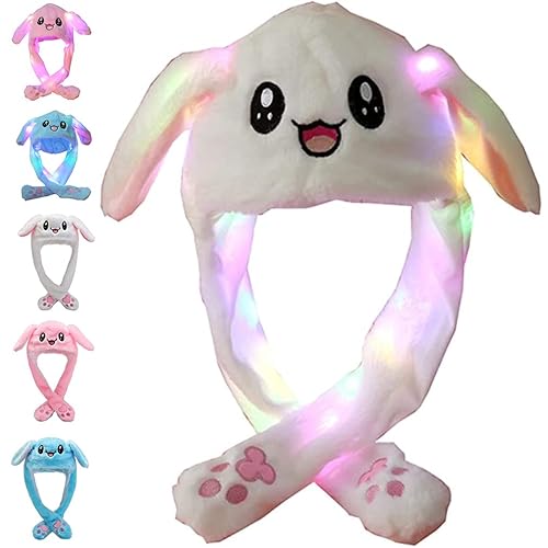 CICITOYWO Funny Plush Bunny Hat Ear Moving Jumping Rabbit Animal Flap Cap Unisex for Children Party Christmas Birthday Gift - White Rabbit with LED