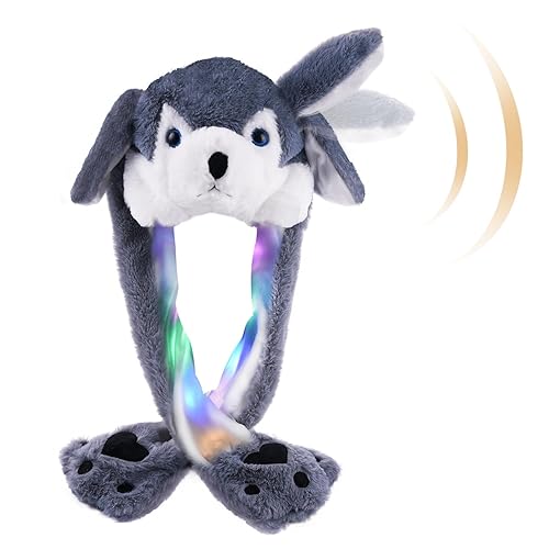 Plush Animal Hat Ears Moving Jumping Dress Up Cosplay Party Holiday Cute Ear LED Cap for Kids Adults - Husky