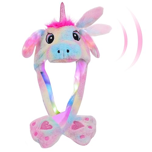 Plush Animal Hat Ears Moving Jumping Dress Up Cosplay Party Holiday Cute Ear LED Cap for Kids Adults - Unicorn