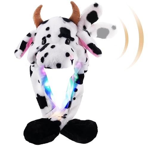Plush Animal Hat Ears Moving Jumping Dress Up Cosplay Party Holiday Cute Ear LED Cap for Kids Adults - Cow