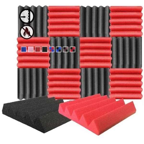 Arrowzoom 12 Acoustic Panels Wedge Sound Absorbing Acoustic Treatment Tiles 25x25x5cm Recording Studio Noise Cancellation 26kg/m3 High Density Acoustical Walls Dampening Foam Fire Retardant Red Black