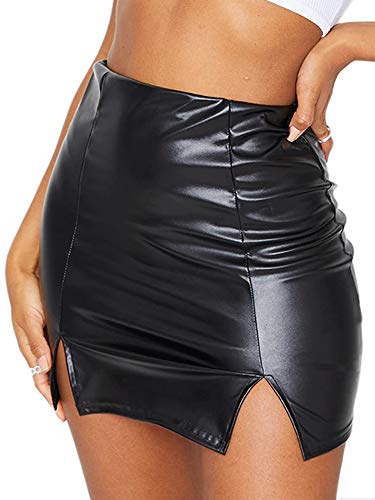 Eliacher Women's Shiny Liquid Metallic Wet Look Leather Bodycon Mini Skirt - Black Pu Split Hem Mini Skirt - Large