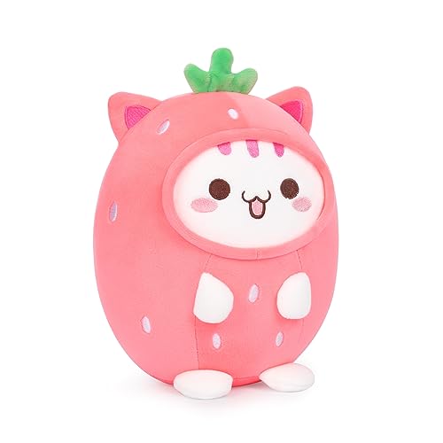AIXINI Cute Strawberry Cat Plush Pillow 8" Kitten Stuffed Animal, Soft Kawaii Cat Plushie with Strawberry Outfit Costume Gift for Kids - Strawberry Cat