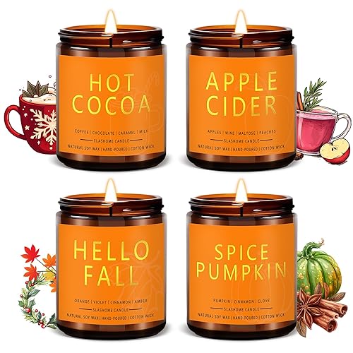 Holiday Candle Set | Christmas Gifts for Women Men | Fall and Winter Soy Candle | 4 Pack Scented Candles for Home | Cozy Scents of Hot Cocoa/Apple Cider/Spice Pumpkin/Hello Fall - 4Pack-Hot Cocoa/Apple Cider/Spice Pumpkin/Fall - Amber Jar
