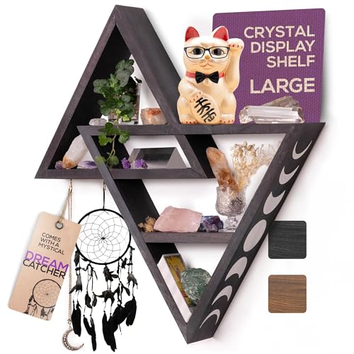 Crystal Display Shelf with Dream Catchers - 20.4" Large Crystal Shelf Display, Triangle Shelf Crystal Holder, Moon Shelf, Witchy Room Decor, Gothic Shelves for Wall - Black with White Moon Phase Decor - Black - With White Moon Phases