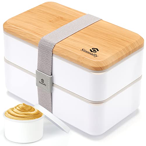Sinnsally Original Bento Box Lunch Boxes,1400ML Bento Lunch Box for Adults,Leak-Proof Lunch Container with Compartments,Japanese Style Lunchbox with Sauce Pots,Cutlery,Microwave Safe (White) - White