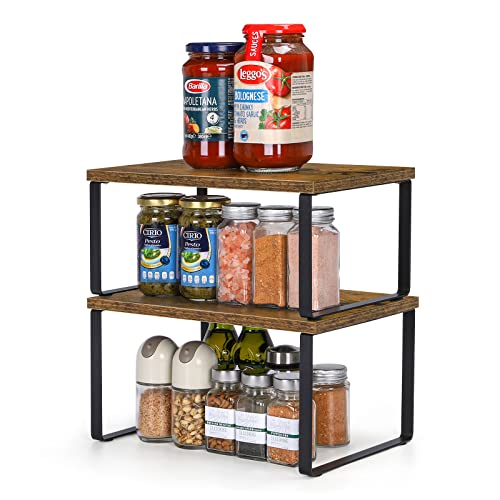 UOMIO Kitchen Cupboard Organisers Set of 2 Spice Racks Insert in Cupboard and Cabinet Expandable and Stackable Wooden Condiment Can Food Storage Shelves with Metal Frame 2 Packs - Wood/Black