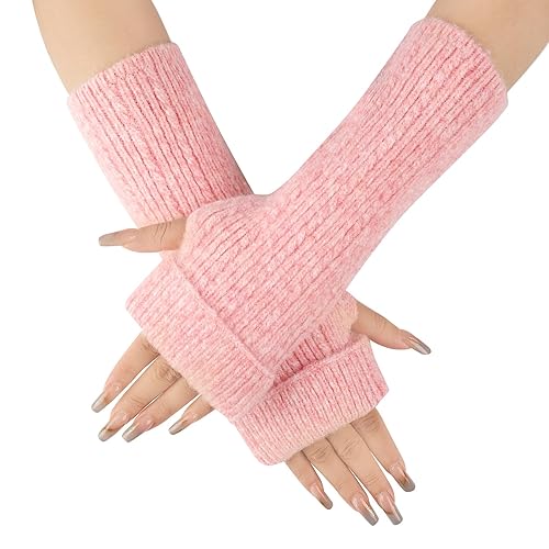 Chunky Wool Winter Warm Cozy Glove, Knitted Arm Warmers, Long Fingerless Gloves… - Pink