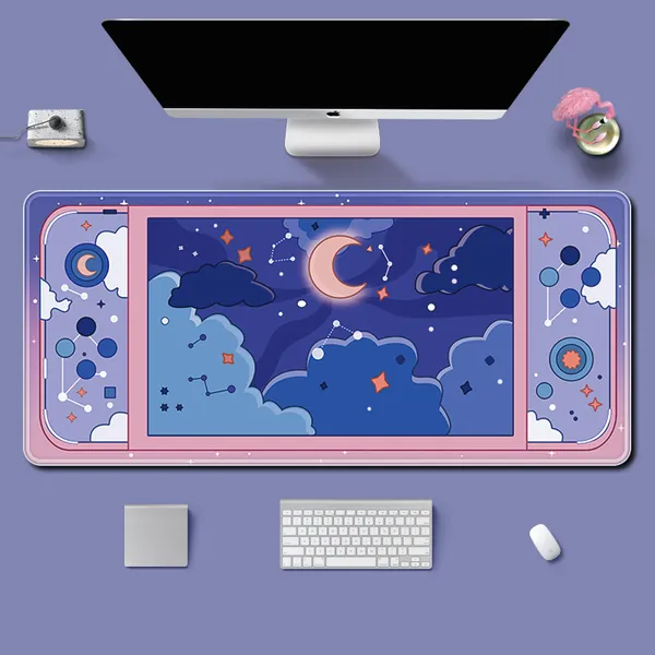 Moon and Stars Large Desk Mat Kawaii Aesthetic Mouse Pad Cute Sky Art - C