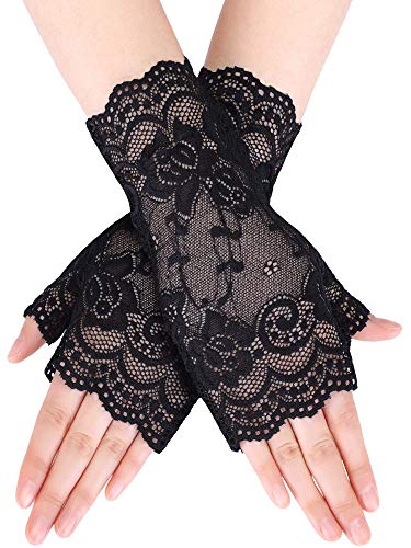 Women Short Lace Gloves Fingerless Lace Gloves Tea Party Gloves Sunblock Bridal Floral Gloves - Black