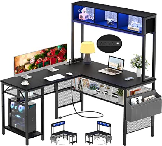 Unikito Computer Desk with LED Strip and Power Outlets, Reversible Corner Desk with Storage Shelves and Bag, Industrial Home Office Gaming Table with USB Port, Black - Black
