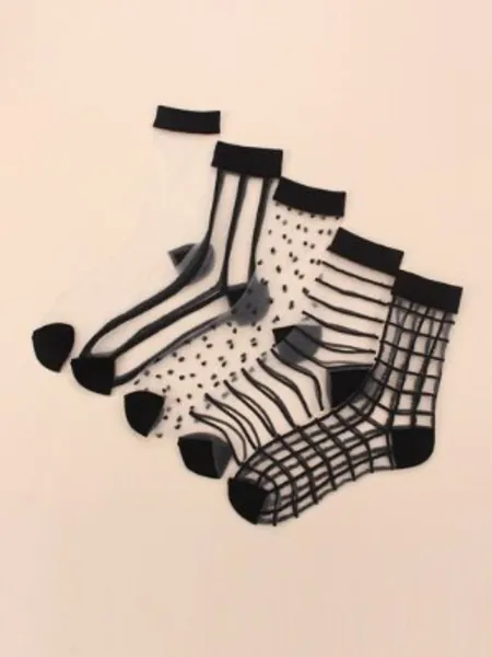 5pairs Clear Striped & Plaid Mesh Socks