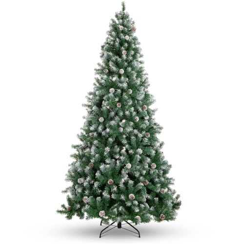 Best Choice Products 6ft Pre-Decorated Holiday Christmas Tree for Home, Office, Party Decoration w/ 1,000 PVC Branch Tips, Partially Flocked Design, Pine Cones, Metal Hinges & Base - Green/White - 6ft