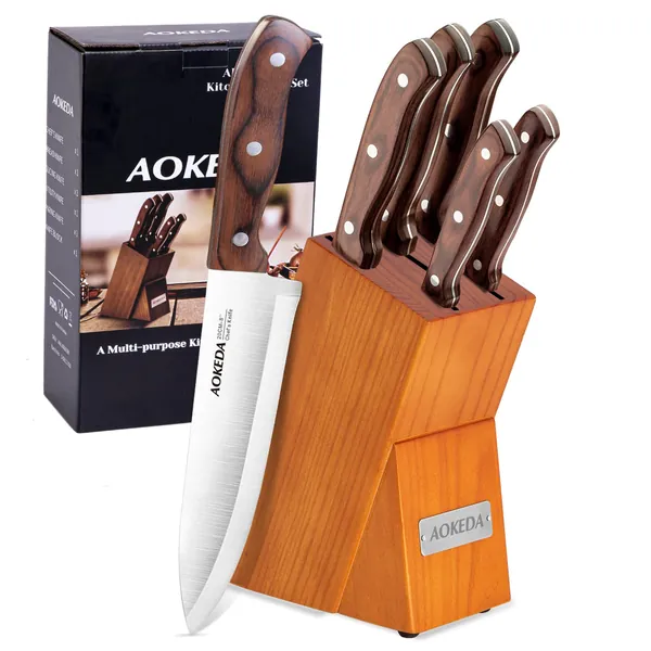 Kitchen Knife Set,6 Pcs Chef Knife Set with Block for Kitchen , German Stainless Steel Knife Block Set with Wooden Handles, High Carbon Full Tang Professional Knife Set