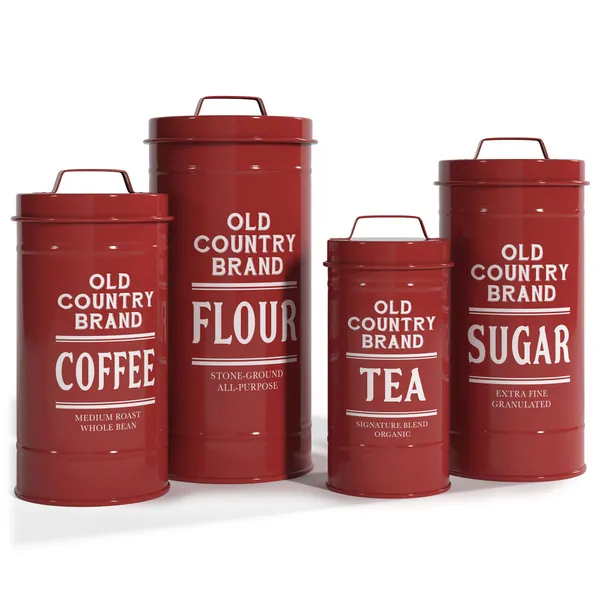 Barnyard Designs Canister Sets for Kitchen Counter Vintage Kitchen Canisters, Country Rustic Farmhouse Decor for the Kitchen, Coffee Tea Sugar Flour Farmhouse Kitchen Decor, Metal, Red, Set of 4