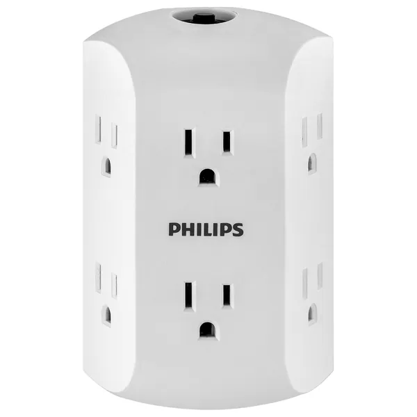Philips 6-Outlet Extender, Resettable Circuit Breaker, Adapter Spaced Outlets, 3-Prong, Charging Station, Side Access, Grounded Wall Tap, Perfect for Cell Phone Charging, White, SPS1460WA/37