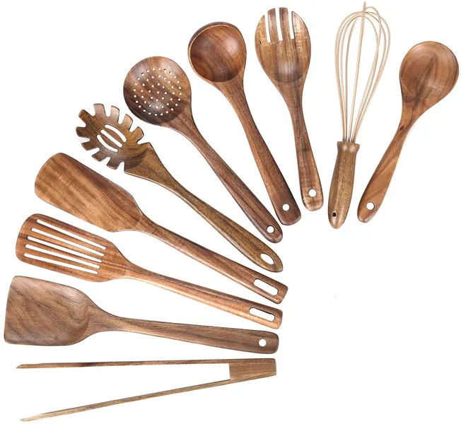 Kitchen Wooden Utensils for Cooking ,Nonstick Wood Utensil Natural Teak Wood Spoons for Cooking,Kitchen Utenails Set,Wooden Kitchen Utensil Set With Spatula and Ladle (10)