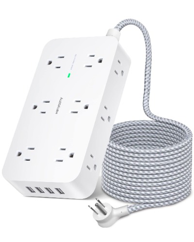 Power Bar Surge Protector- 12 Wide Outlets Power Strip with 4 USB Ports, 5Ft Braided Extension Cord Flat Plug, Overload Surge Protection, Wall Mount, Desk Charging Station for Office Home ETL Listed - Small