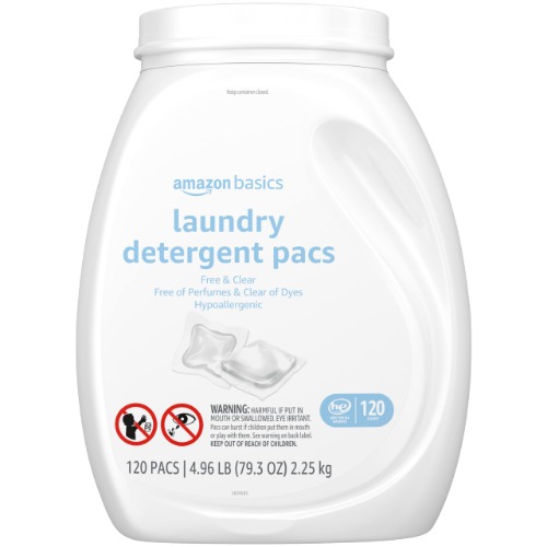 Amazon Basics Laundry Detergent Pacs, Free & Clear, Hypoallergenic, Free of Perfumes Clear of Dyes, 120 Count (Previously Solimo) - Free & Clear