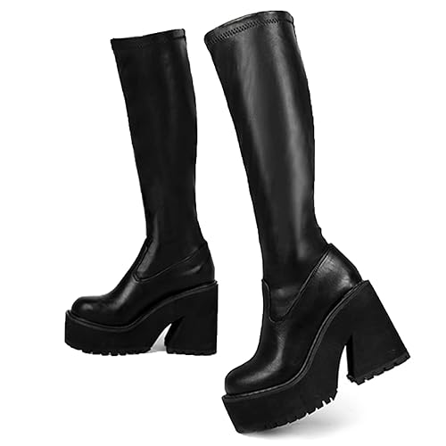 AMINUGAL Womens Elastic Knee High Boots Platform Chunky Block High Heel Sock Boots Zipper Round Toe Fashion Motorcycle Combat Punk Boots For Women - 7 - A-black