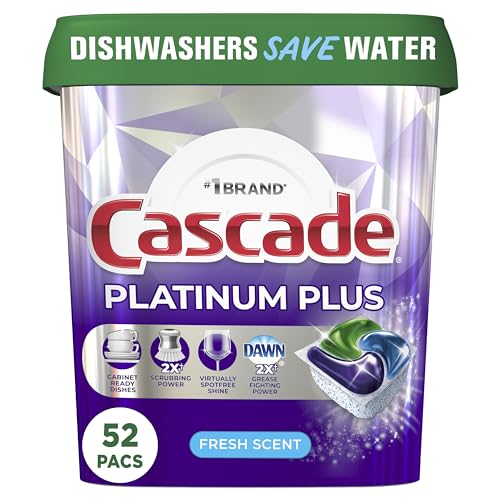 Cascade Platinum Plus Dishwasher Pod, Dish Detergent ActionPacs Dish Pods, Fresh, 52 Count - Dishwasher Pods, Fresh Scent, 52 Count