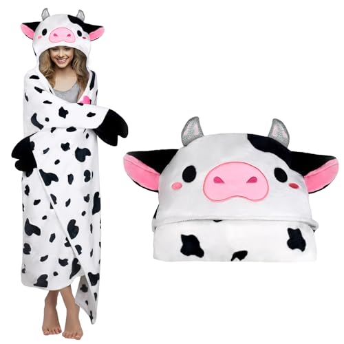 KUUKO Wearable Hooded Blanket, Super Soft Warm Cozy Flannel Fleece Cute Animal Blanket Hoodie for Kids - One Size - Adult Cow Blanket